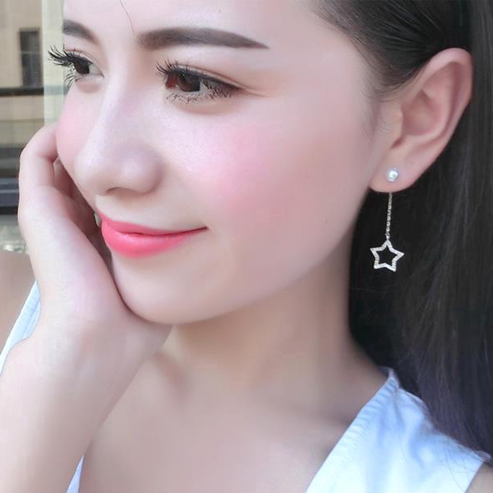 Đôi khuyên tai dây dài quyến rũ hình ngôi sao và hạt tròn mặt trăng