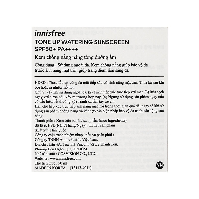 Kem Chống Nắng innisfree Nâng Tông Da 50ml Tone Up Watering Sunscreen SPF 50+ PA++++ Hasaki Sản Phẩm Chính Hãng