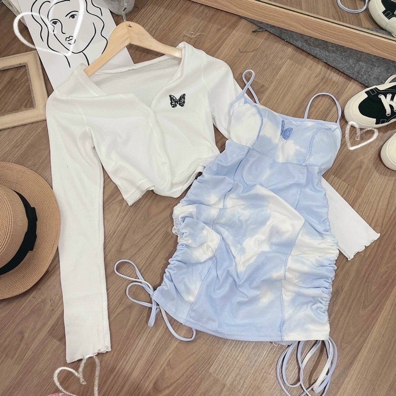 Sét đầm 2 dây body màu loang thêu hình bứm kèm áo khoác ngoài cực hot , chất thun bozip mềm mịn