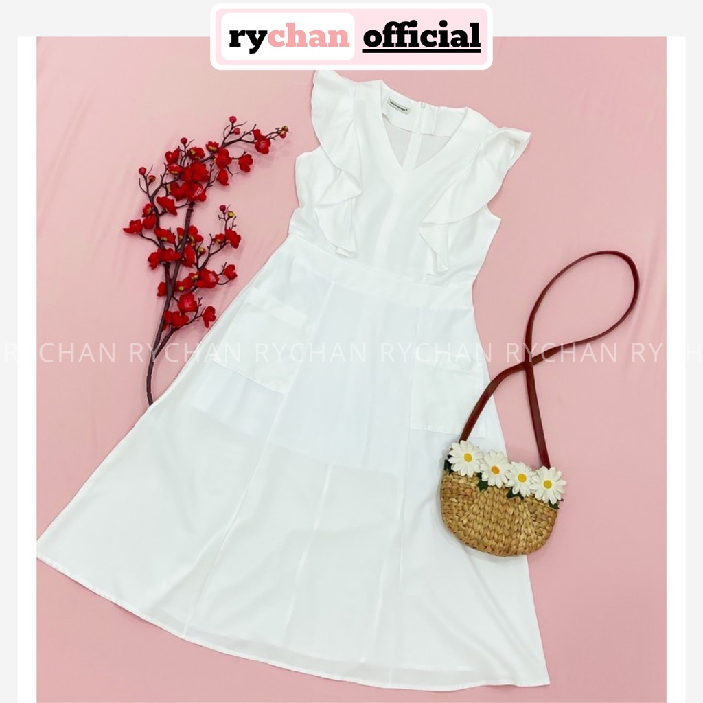 Đầm Nữ Đi Du Lịch Dáng Dài Xòe Cổ V Tay Phối Bèo Bo Eo 2 Túi Màu Trắng [ẢNH THẬT CUỐI] - DX9818
