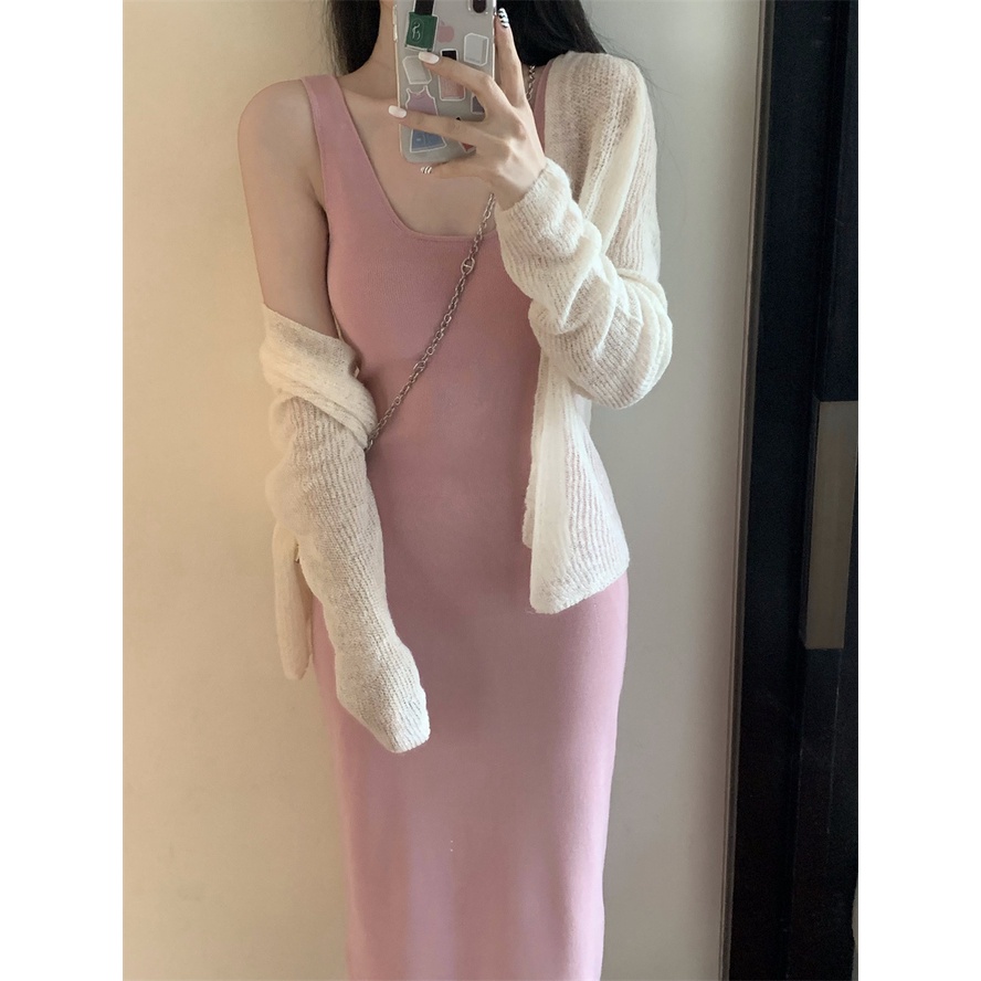 Cocory vn Đầm Maxi Hai Dây Cổ Chữ U Dáng Ôm / Áo Cardigan Vải Mềm Tay Dài Thời Trang Mùa Thu Cho Bạn Gái
