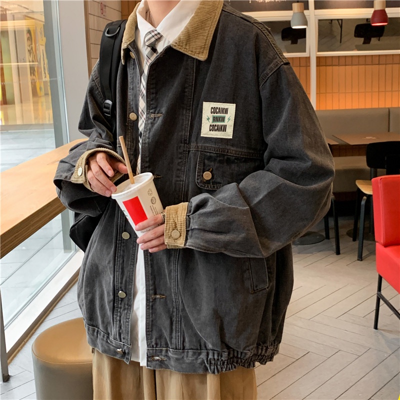 Áo khoác denim phối túi phong cách Harajuku Nhật Hong Kong cho nam