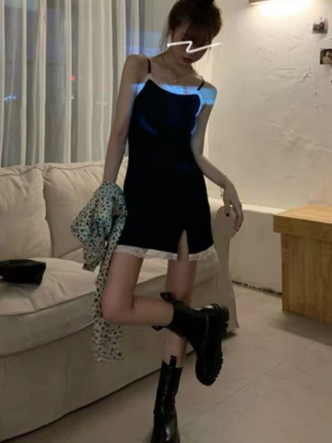 [Sẵn blazer] Set blazer mỏng tay ngắn + váy 2 dây xẻ phối ren | BigBuy360 - bigbuy360.vn