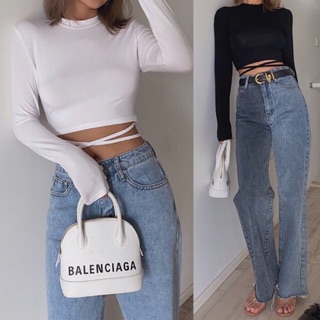 Áo thun croptop ôm tay dài cột dây eo ulzzang