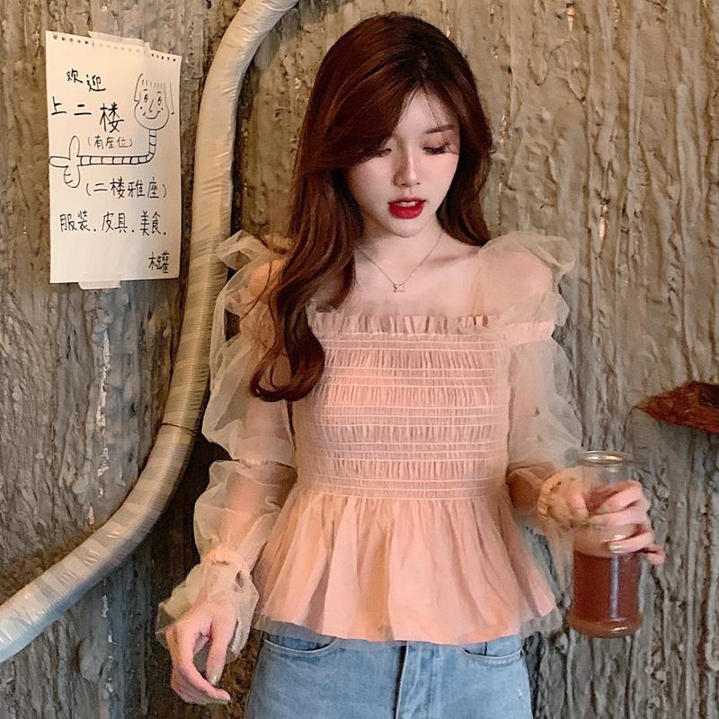 Áo kiểu nữ IELGY cổ vuông tay dài phối lưới màu trơn ngọt ngào thời trang kiểu Pháp