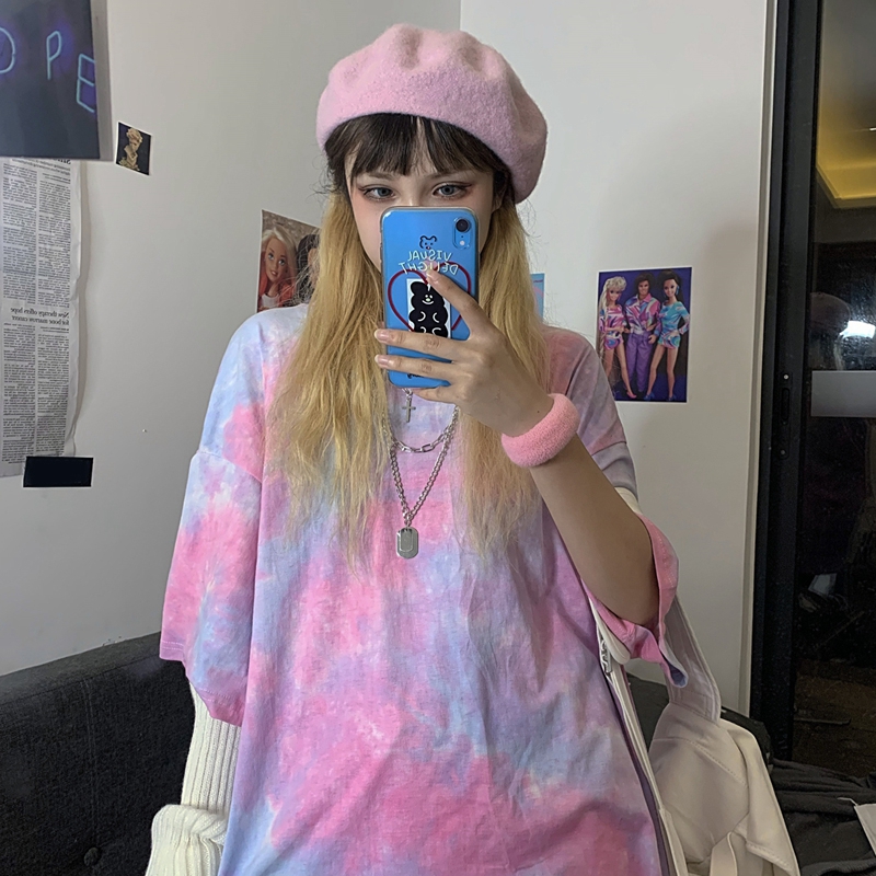 SUXI Áo Thun Tay Ngắn Phối Màu Nhuộm Độc Đáo Cá Tính Phong Cách Retro Hàn Quốc