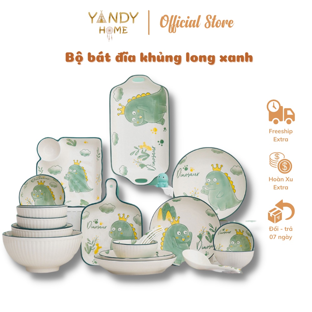 [Chọn lẻ] Bộ chén dĩa bát đĩa gốm sứ YANDY HOME BB04 họa tiết khủng long men đẹp bóng