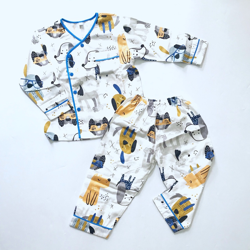 Pijama cho bé vải Thô cotton mềm mịn hút mồ hôi nhiều mẫu Cún dễ thương size cho bé 1-9 tuổi 10-40kg