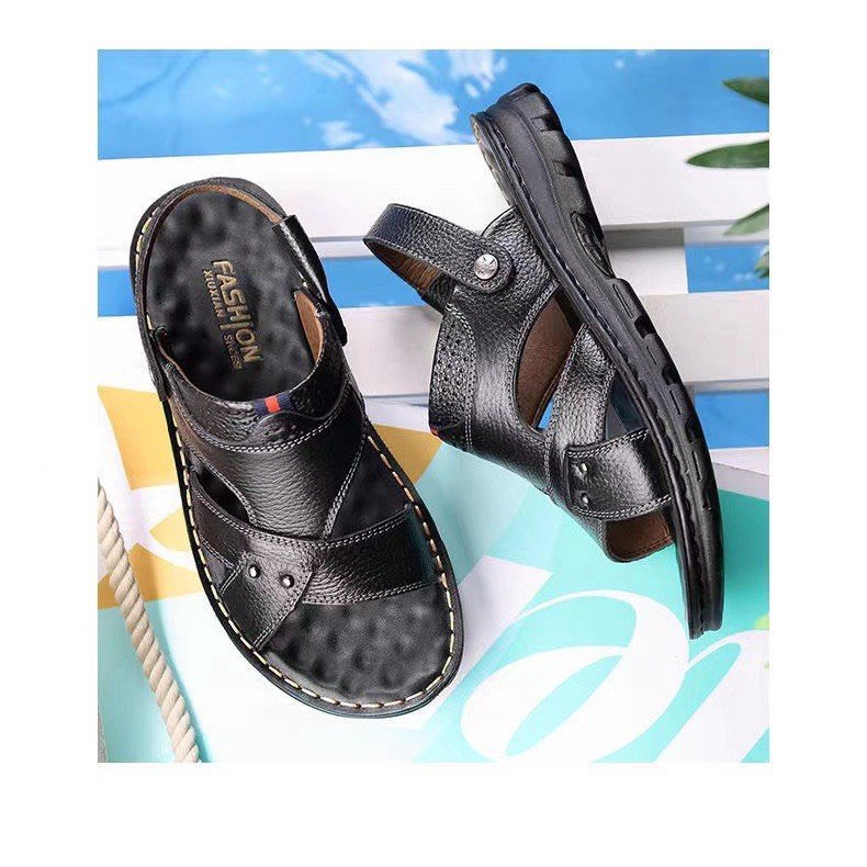 Dép Sandal Nam Da Bò Đế Khâu Quai Chéo 2 màu Đẹp Bền Bỉ Sang Trọng