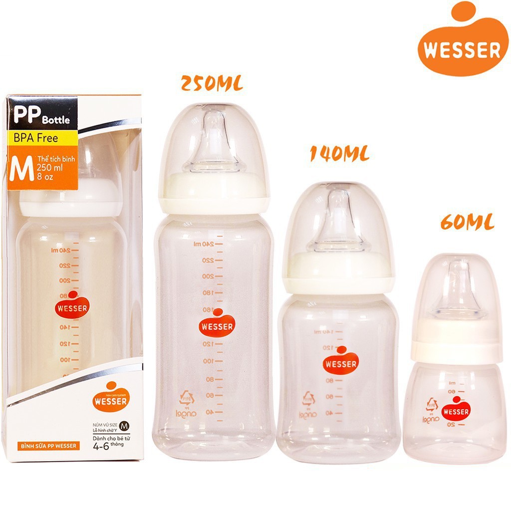 Bình Sữa WESSER Cổ Hẹp PP Bottle Kháng Khuẩn Đủ Size 60ML/ 140ML/ 250ML, Có Van Chống Sặc