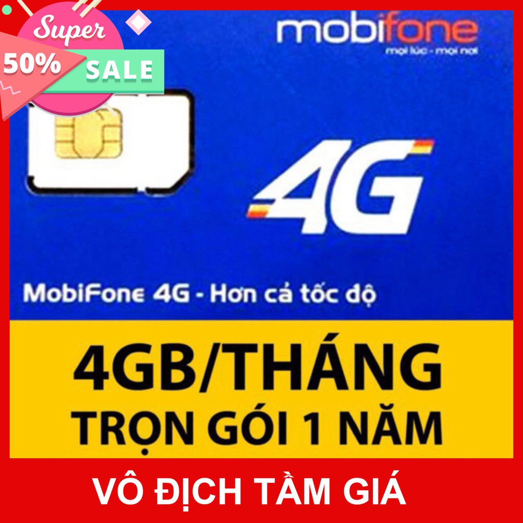 Sim Data 3G/4G Mobi MDT250A - 4Gg/ Tháng không mất phí gia hạn