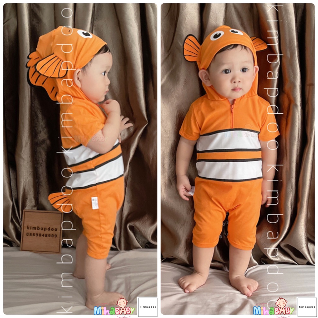 Bộ Bodysuit Đùi Liền Nón Dây Kéo Cao Cấp Hình Cá Dory Nemo Cho Bé - BDSDUILIENNON_DORY