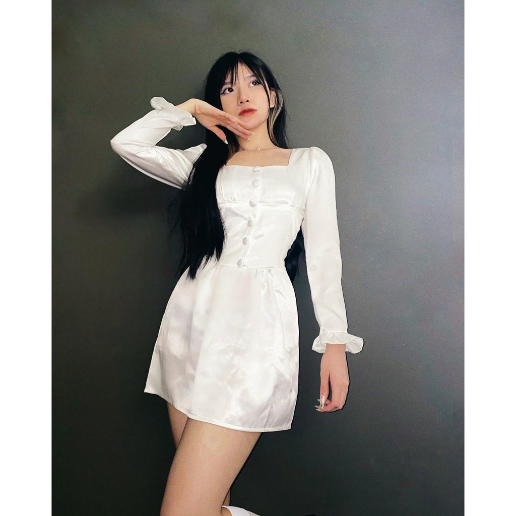 MONÁ - Đầm lụa tiểu thư nhấn eo tay dài đen/trắng - GRACE DRESS | BigBuy360 - bigbuy360.vn