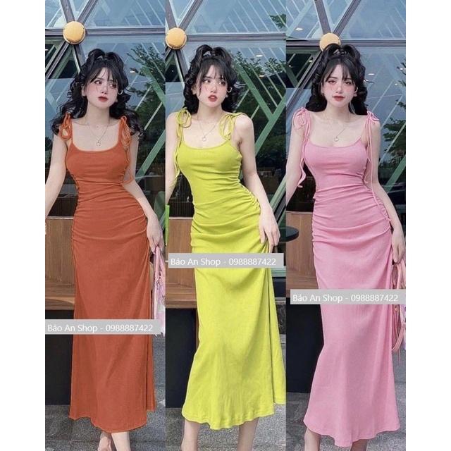 Đầm body nhún vặn lưng cột dây nơ