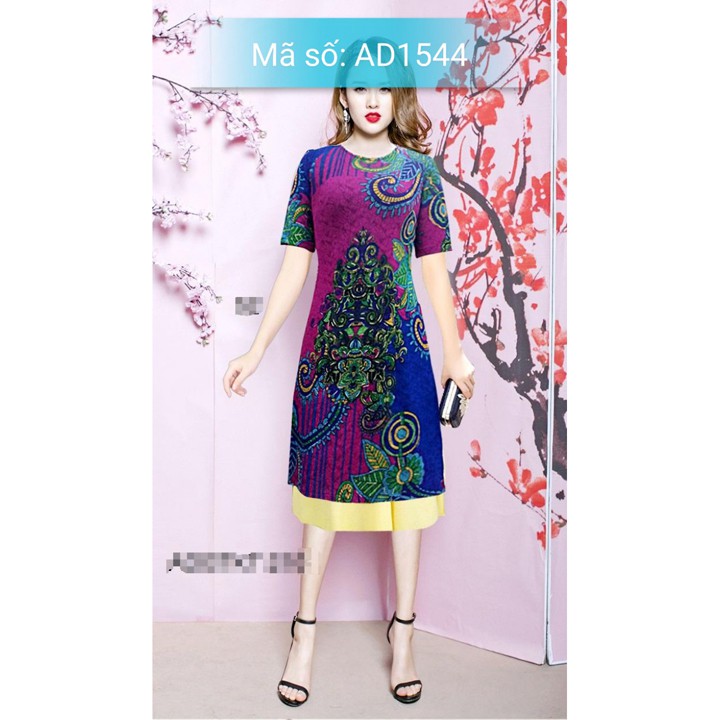 ⚡️ có big size 3XL ⚡️ AD1544 ÁO DÀI CÁCH TÂN GẤM THUN QUÝ BÀ HỌA TIẾT NỀN HỒNG PHỐI MÀU XANH TAY LỠ KÈM VÁY
