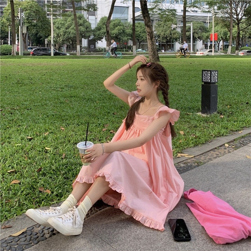 Bộ Đầm Hai Dây Dáng Chữ A Màu Hồng Ngọt Ngào Thời Trang Mùa Hè Dành Cho Nữ Sinh
