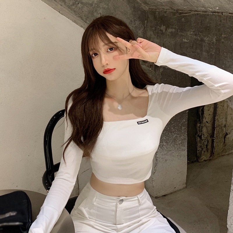 Áo Thun Croptop Tay Dài Màu Trơn Thời Trang Cho Nữ