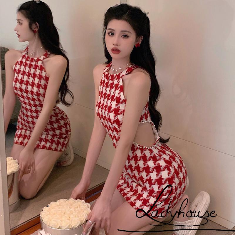 Ldd-đầm Ôm Dáng Không Tay Khoét Lỗ Rỗng Đính Đá Màu Đỏ Cho Nữ