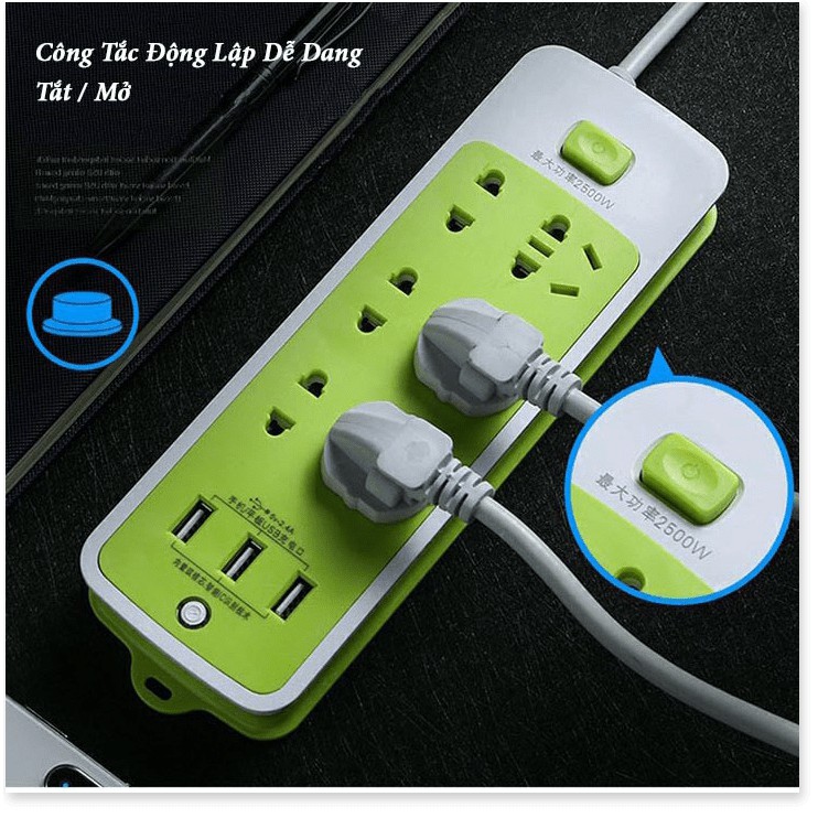 Ổ ĐIỆN ĐA NĂNG CHỐNG GIẬT CÓ 3 CỔNG USB VÀ 6 Ổ CẮM (MÀU XANH LÁ CÂY)