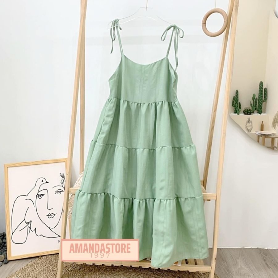 Váy 2 dây đi biển maxi, váy 2 lớp dây buộc nơ điều chỉnh siêu xinh, hai dây chất đũi xốp siêu mát