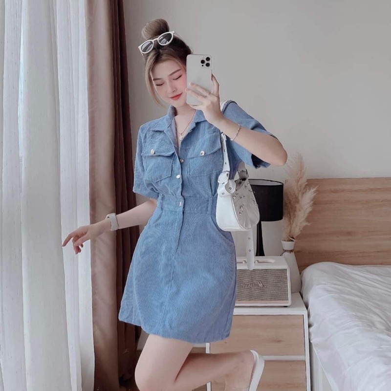 Đầm sơ mi nhung tăm xiết eo cá tính