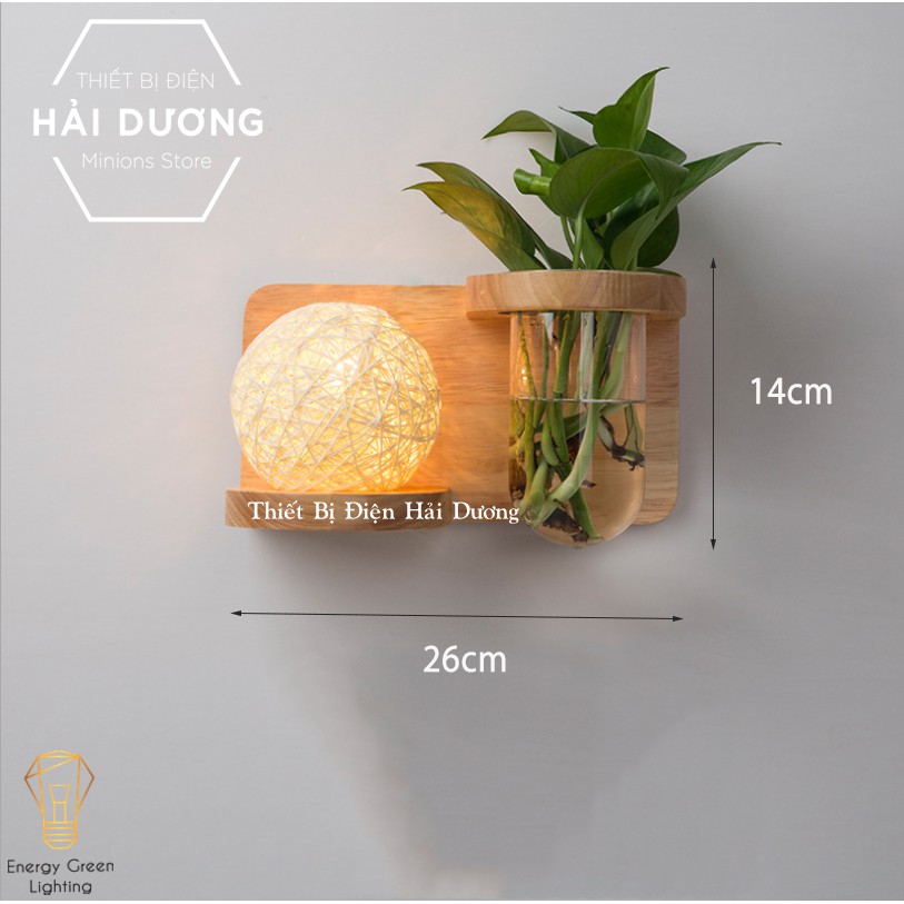 Đèn Tường Kệ Gỗ Chao Hình Cầu Mây Hiện Đại DT-2814 - Trang Trí Căn Phòng - Energy Green Lighting - Đã Bao Gồm Bóng LED