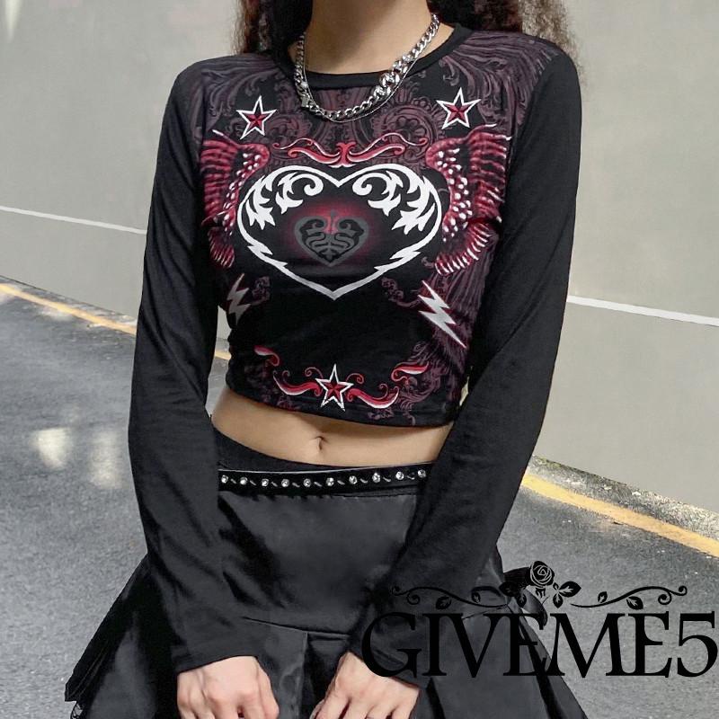 Áo thun tay dài cổ tròn in hình trái tim đôi cánh sáng tạo cho nữ