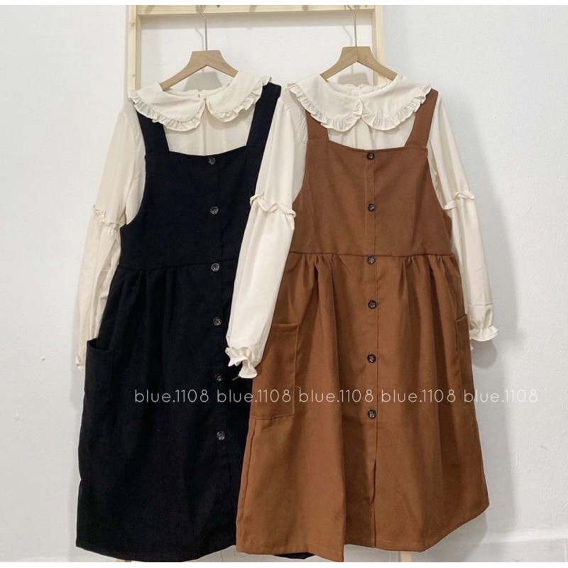 Set váy kèm yếm sơ mi chất nhung tăm màu nâu tây vintage QC