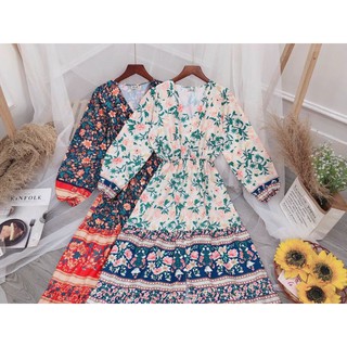 Đầm xoè maxi lụa cổ V tay dài