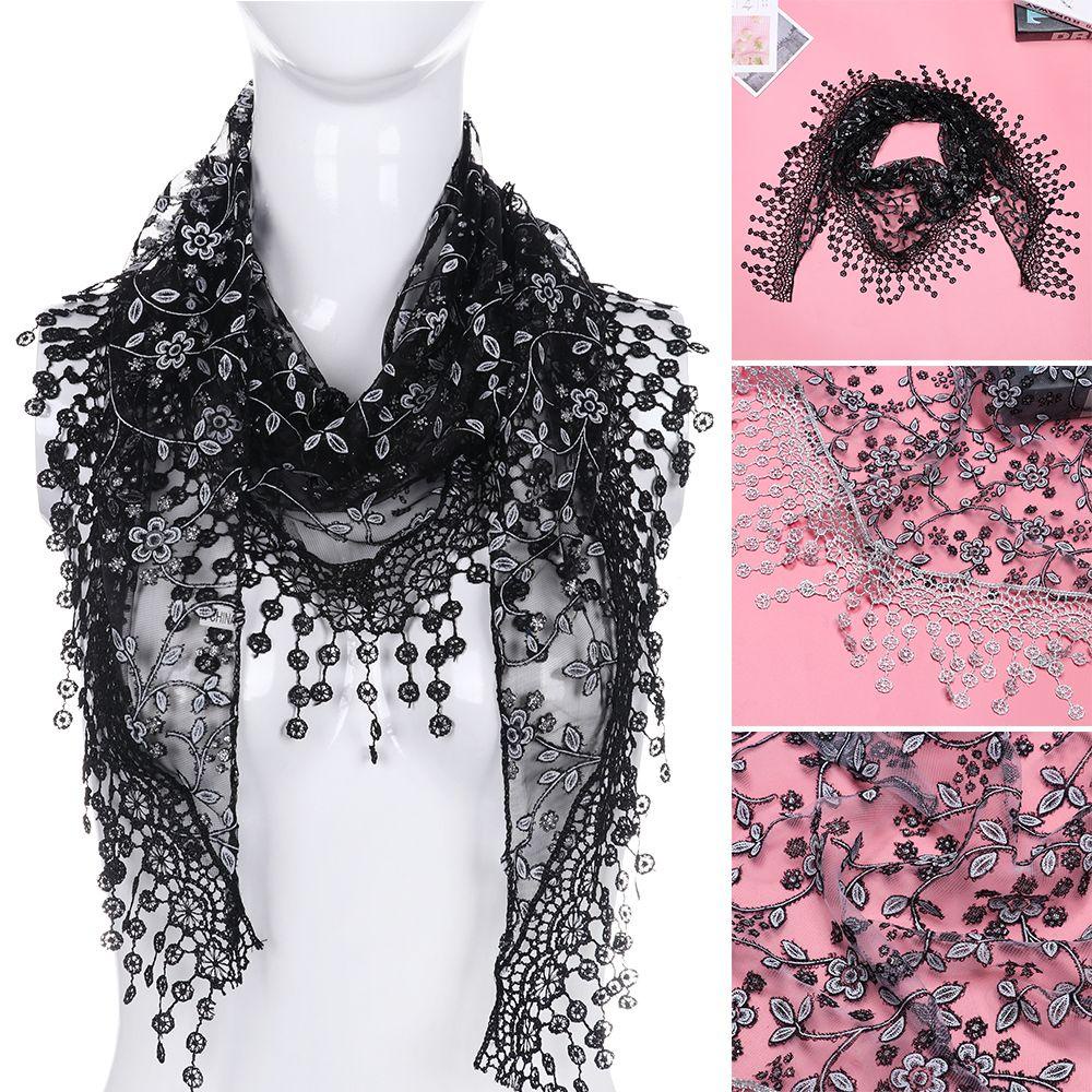 Khăn Choàng Chiffon Thêu Hoa Phối Ren Tua Rua