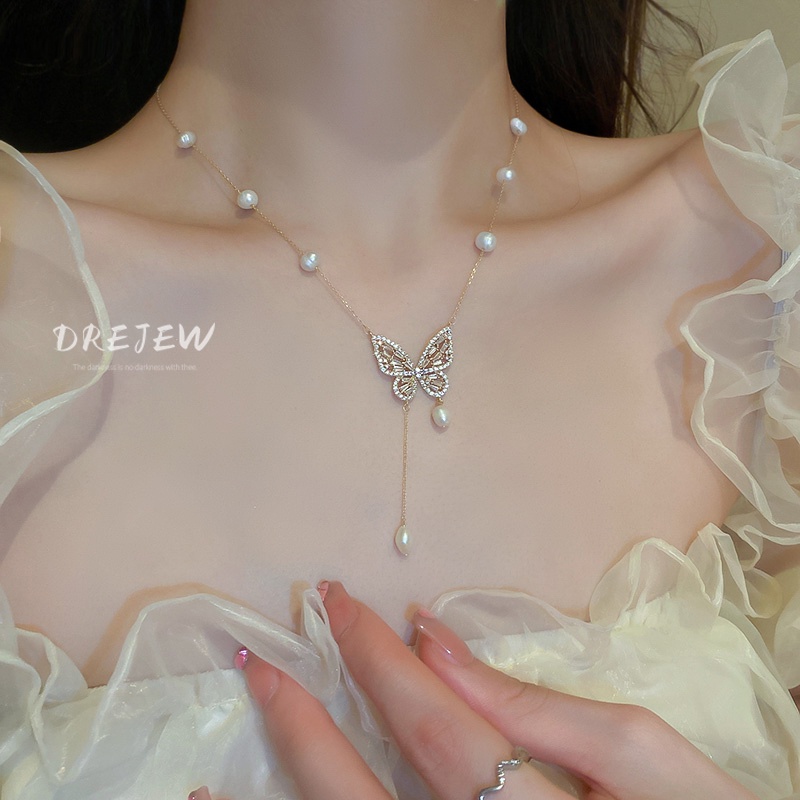 DREJEW Dây Chuyền Mặt Hình Bướm Đính Ngọc Trai Thời Trang Nhật Hàn Cho Nữ