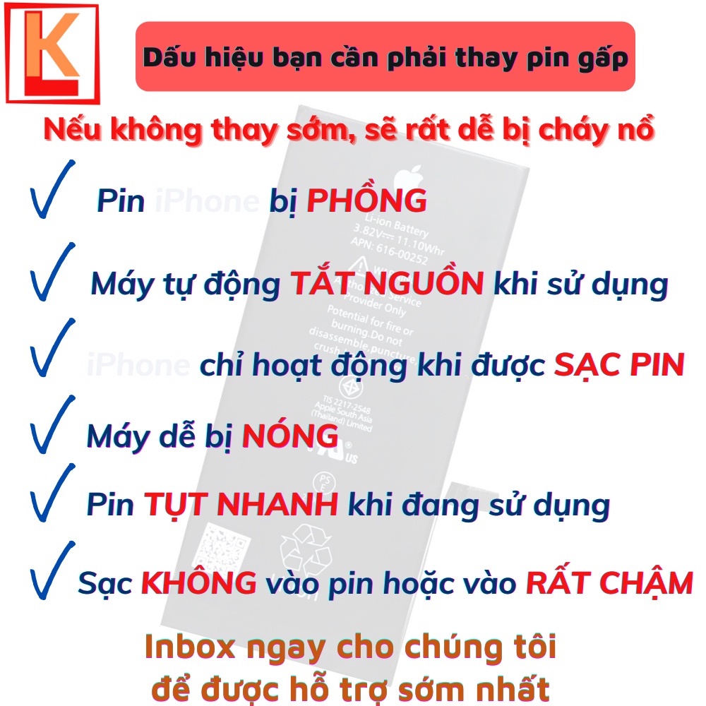 Pin điện thoại TKBS 5 5S 6 6S 7 8 Plus X Xs Xr Xsmax dung lượng chuẩn, tặng kèm kéo dán và tua vít - BH 12 tháng