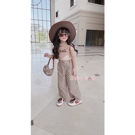 Sét áo yếm tay đai kèm quần ống rộng GG cho bé gái