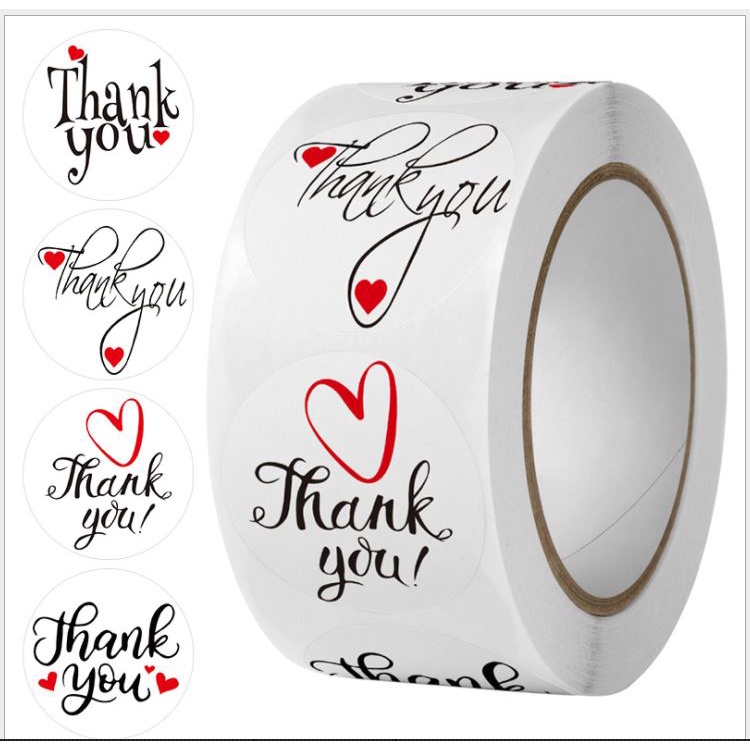 Cuộn 500 tem dán chữ Cám ơn "Thank you" kích thước 2,5cm hình trái tim đỏ dễ thương TK-W08