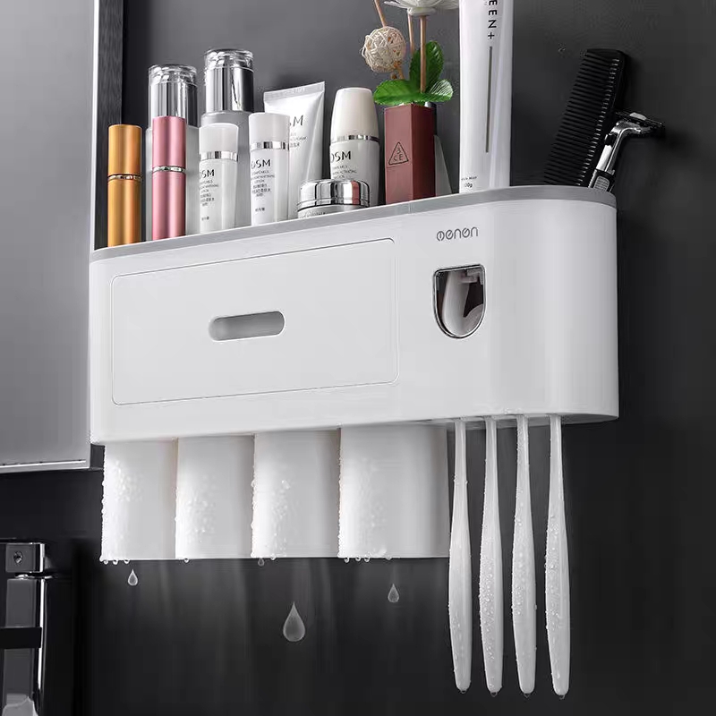 Giá kệ để đồ phòng tắm treo bàn chải đánh răng kèm 2/3/4 cốc cao cấp, không cần khoan tường OENON 9373