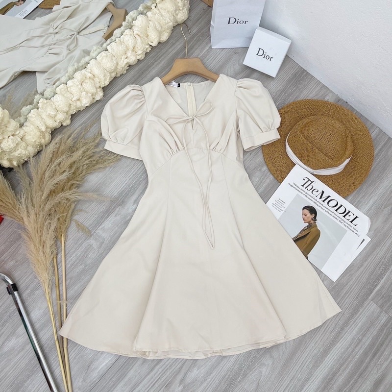Đầm váy cổ V tay phồng tiểu thư phong cách Hàn Quốc Aimee closet