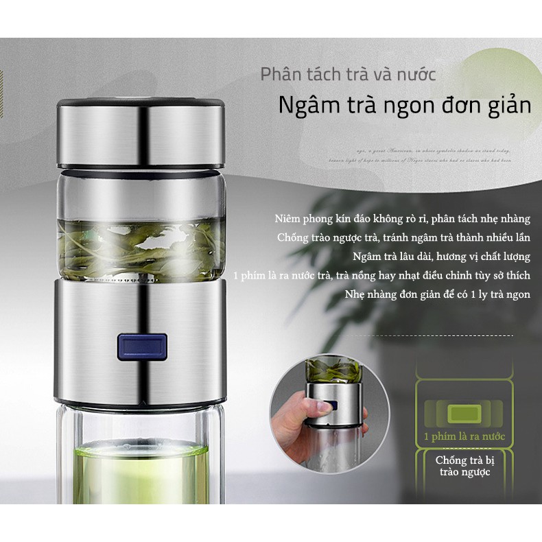 Binh pha trà 2 lớp cách nhiệt đáy thuỷ tinh 400ml tiện lợi - bình đựng trà 2 ngăn phân tách trà và nước