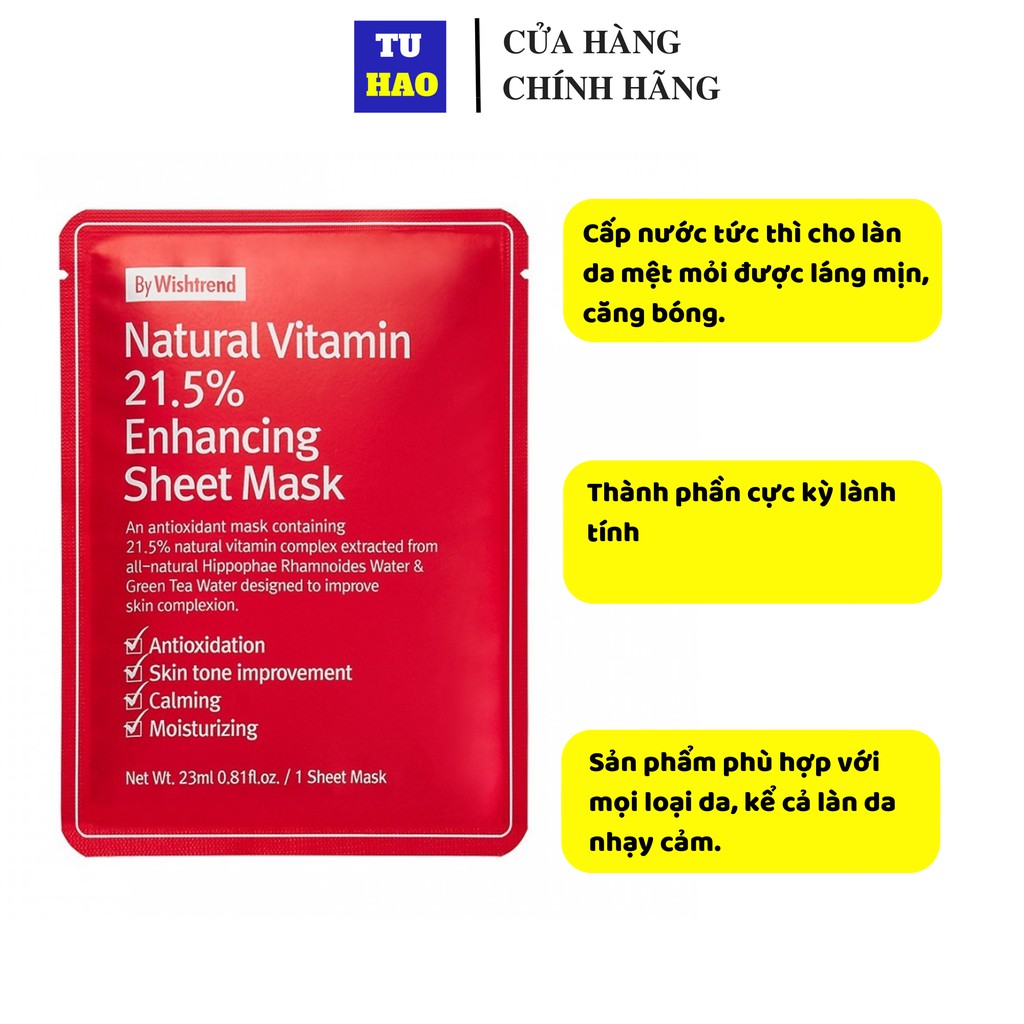 Bán lẻ miếng Mặt nạ giấy dưỡng trắng da làm mờ vết thâm By Wishtrend Natural Vitamin C 21.5 Enhancing Sheet Mask 23ml