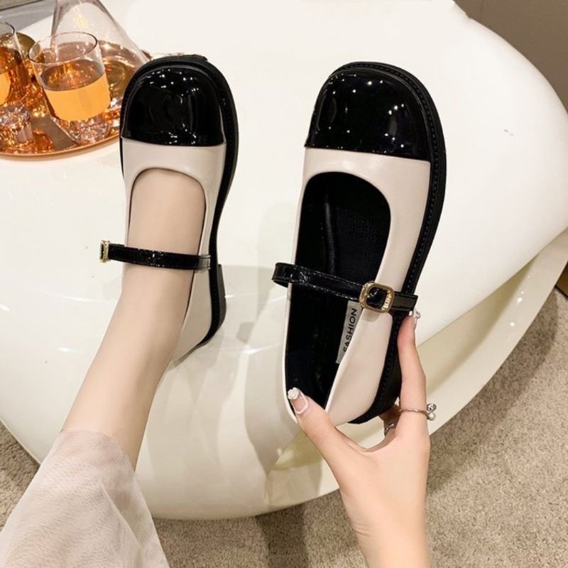 Giày búp bê da bóng mũi tròn hàng cao cấp