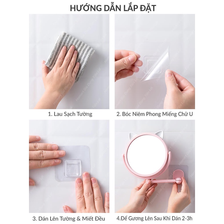 Gương Trang Điểm Treo Tường Tai Mèo Hamart Gương Tròn Mini Dán Tường Nhà Tắm Xoay 360°
