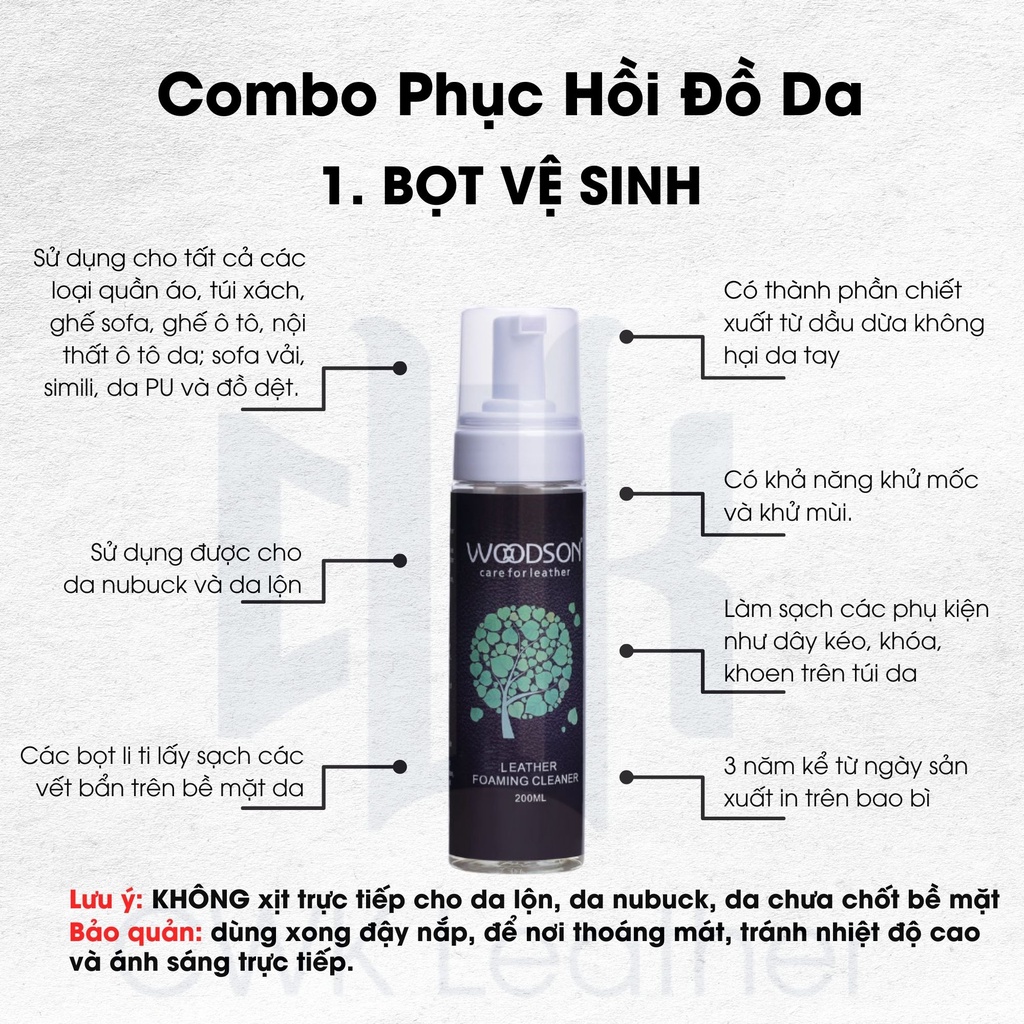 [Chính Hãng] Bộ vệ sinh phục hồi đồ da Woodson áo da, giày da, túi, ví da