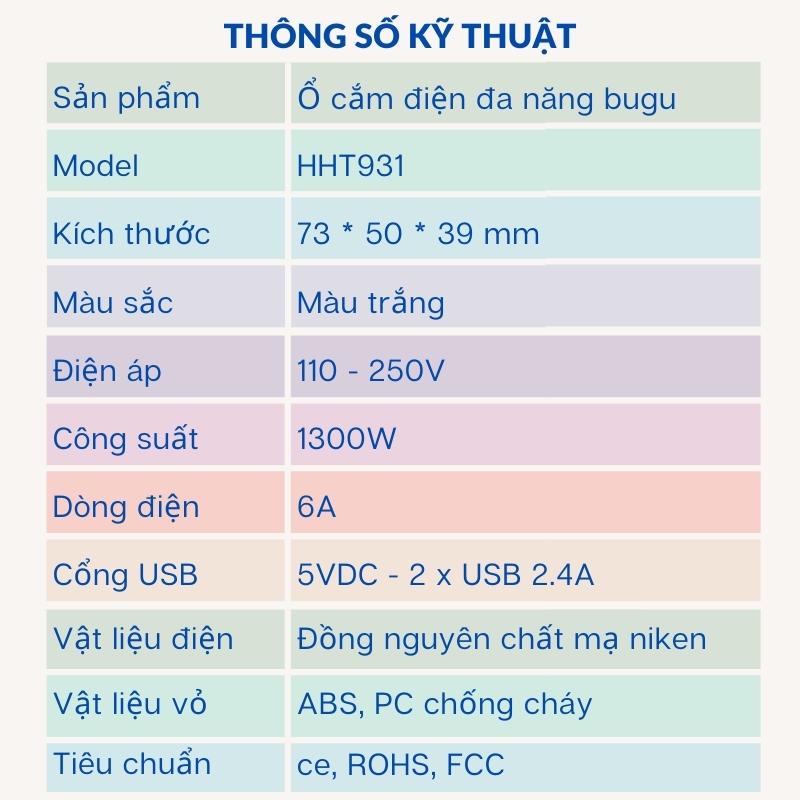 Ổ Cắm Du Lịch Đa Năng Thông Minh Phích Cắm Chuyển Đổi Bugu HHT931