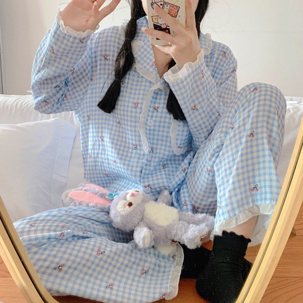Bộ ngủ pijama dài tay thu đông viền bèo vải cotton