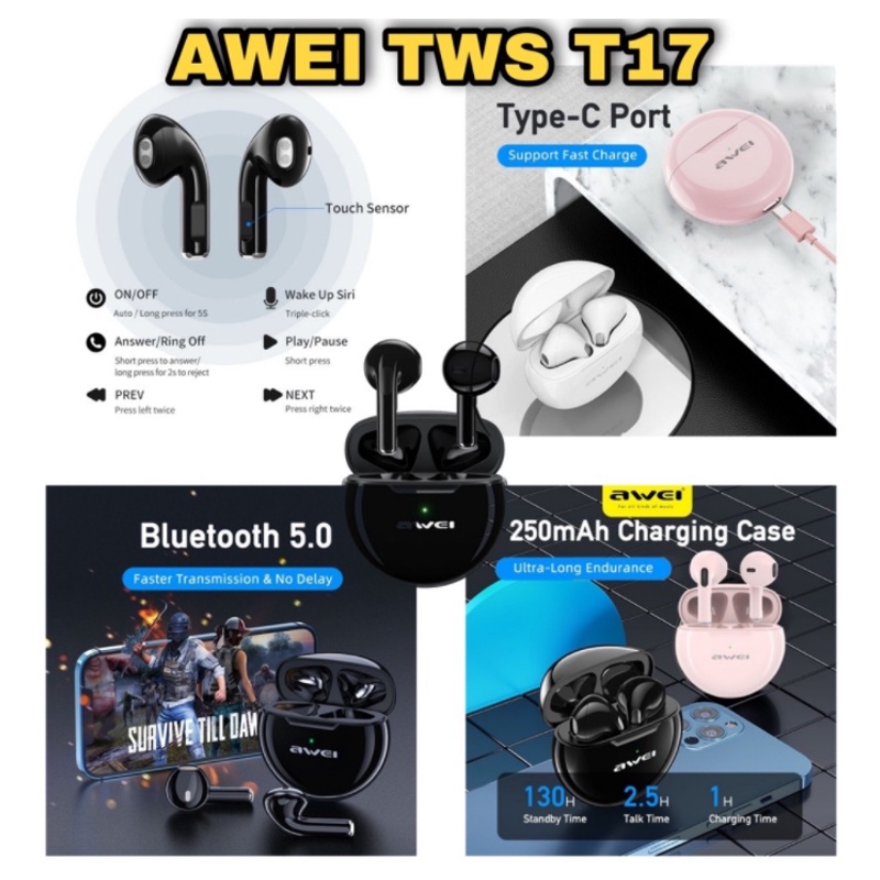 Tai Nghe Thể Thao Awei TWS Bluetooth 5.0 T36 T12P T17 T21 T28P T35 Màu Đen Chất Lượng Cao