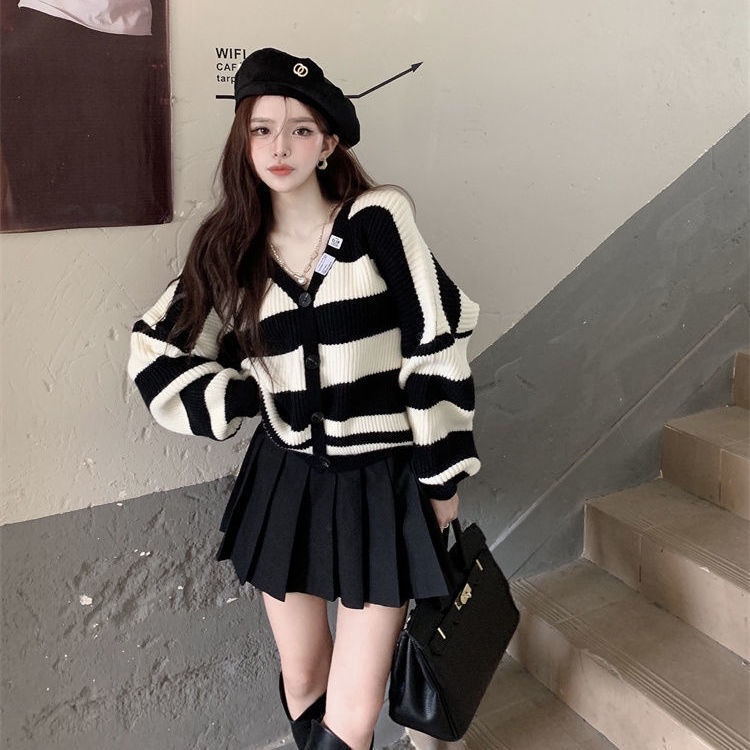 Jiashucheng Áo Khoác Cardigan Dệt Kim Tay Dài Dáng Rộng Họa Tiết Kẻ Sọc Phong Cách Retro Nhật Bản