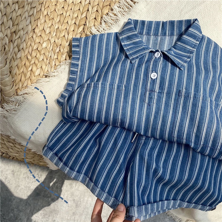 [Babycat] Hàng Có Sẵn Bộ Trang Phục Hai Mảnh Áo Denim Không Tay Kẻ Sọc Dọc Phong Cách Nhật Bản Hàn Quốc Thời Trang Mùa Hè Cho Bé Trai Bé Gái