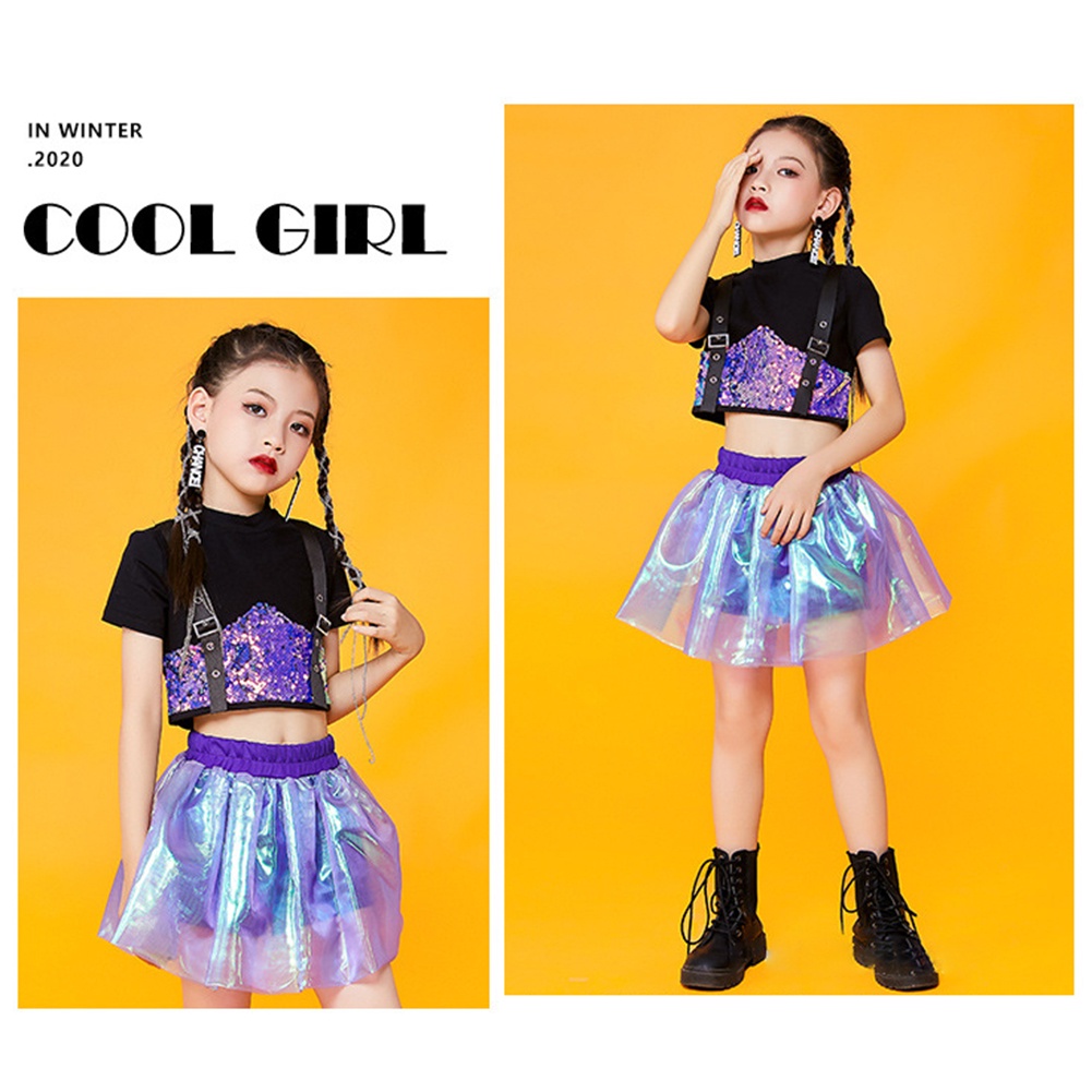 Bộ Trang Phục 2 Mảnh Gồm Áo Crop Top Và Váy Màu Hồng Tím Phong Cách Hip Hop Dành Cho Bé Gái Trong Trường Học/ Biểu Diễn