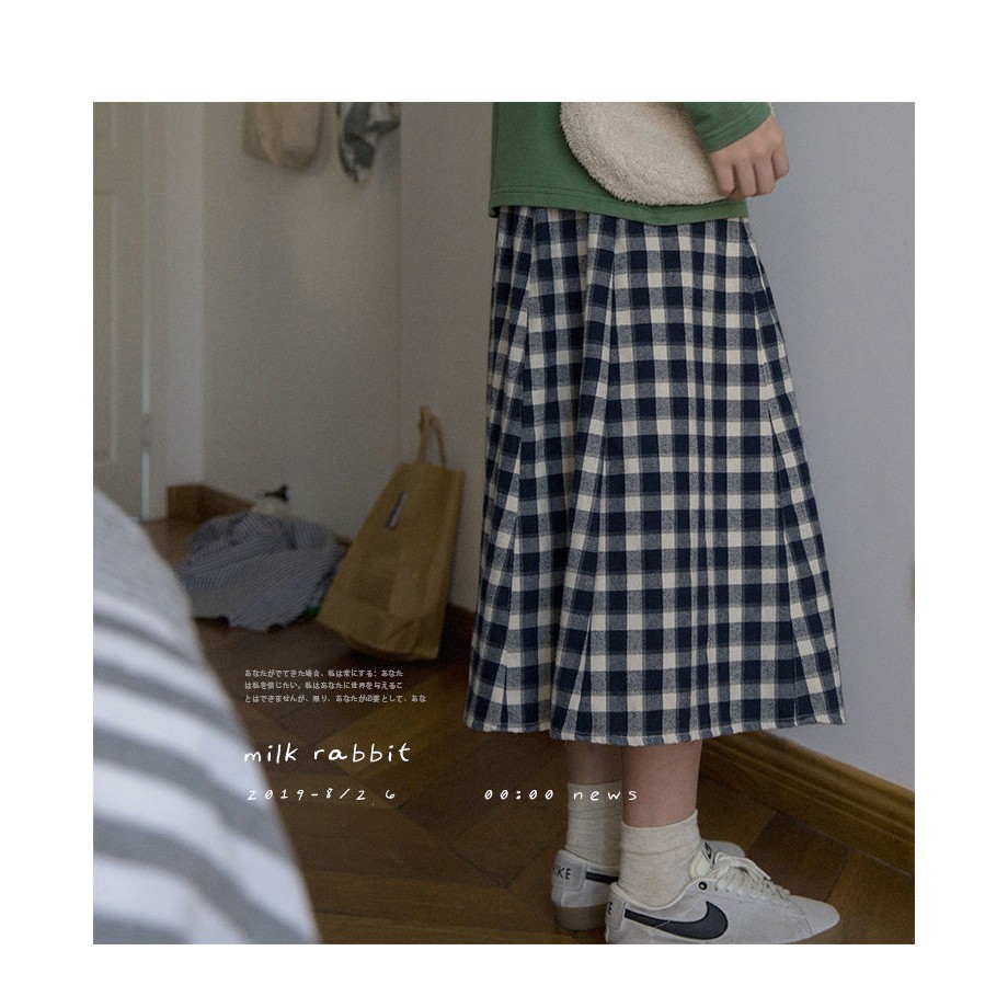 Chân váy dài chất vải thô Quảng Châu dáng suông vintage kẻ ô vuông phong cách Hàn Quốc | BigBuy360 - bigbuy360.vn
