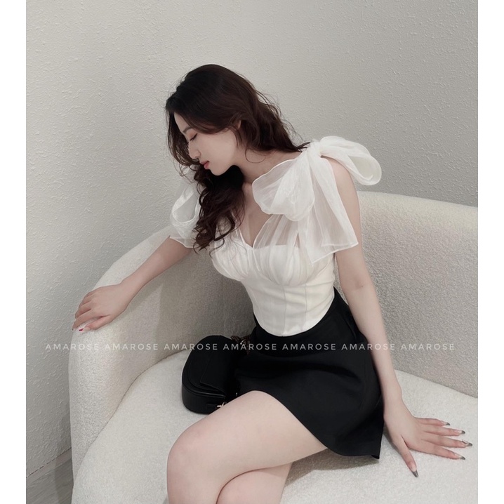 Áo Corset Trắng Cột nơ  và chân váy chữ A