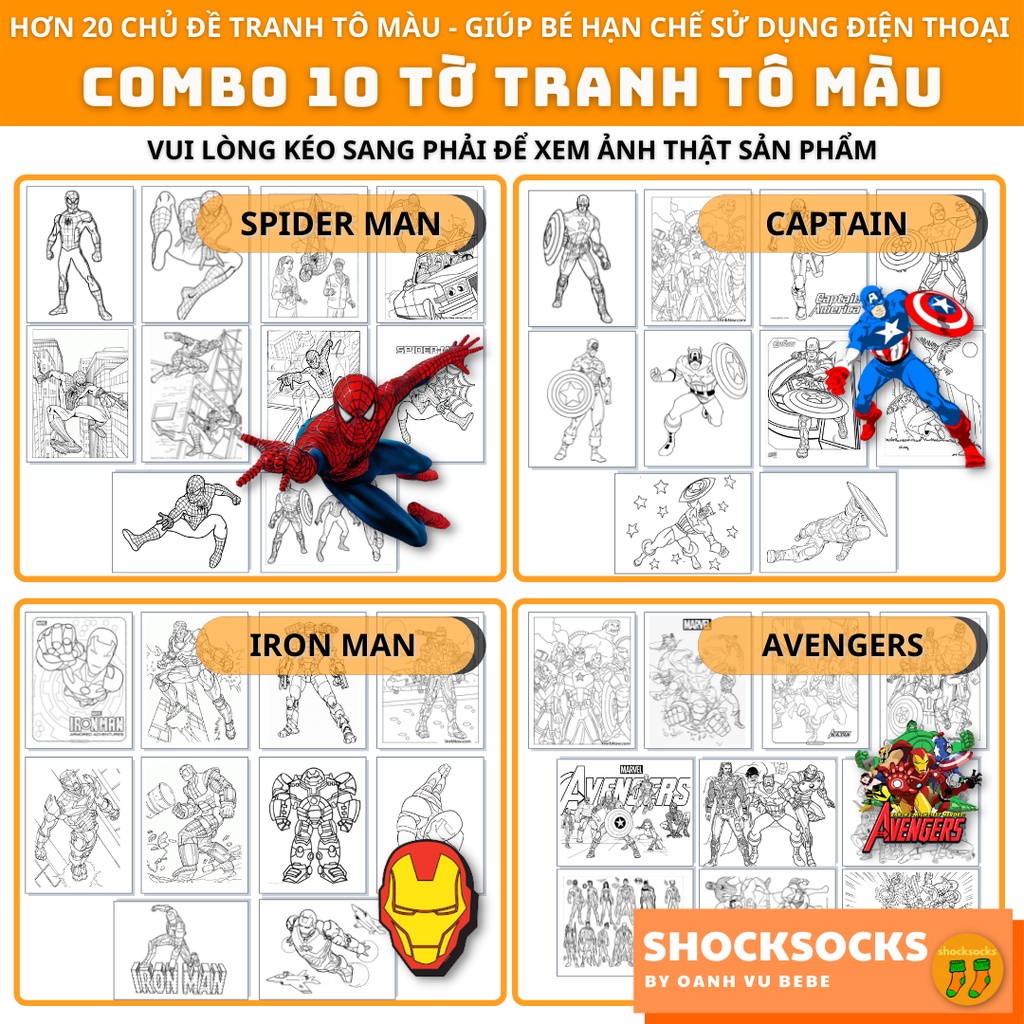 🔥COMBO 10 TỜ TRANH TÔ MÀU - HELLO KITTY - ONE PIECE - BABY SHARK- VÀ 20 CHỦ ĐỀ KHÁC 🔥